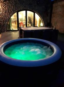 una bañera azul llena de agua verde en una habitación en Villa de charme, en Saint-Coutant-le-Grand