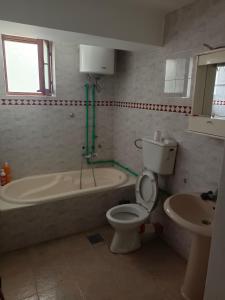 uma casa de banho com uma banheira, um WC e um lavatório. em panda Victor Space Capsule Hostel em Belgrado