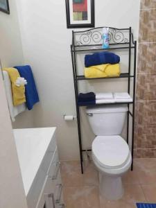 a bathroom with a toilet and towels on a shelf at The Sweet Spot king Bed in Florence Hall