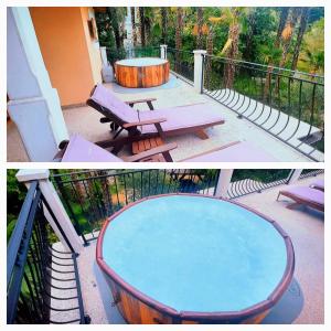 two pictures of a pool with a table and a bench at Holiday Home "Opatija" in Opatija