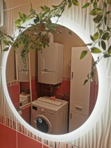 La salle de bains est pourvue d'un lave-linge dans un miroir. dans l'établissement Apartman Ines - Osijek, à Osijek