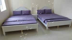 two beds in a room with purple mattresses at Happiness Villa Pulau Ketam 幸福苑 in Kuala Selangor