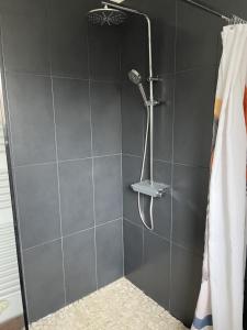 ducha con cabezal de ducha y cortina de ducha en Les Goelands, en Stella-Plage