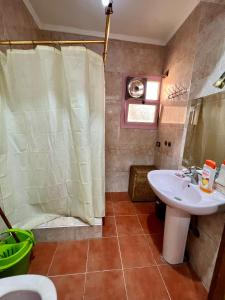 uma casa de banho com um lavatório e um chuveiro em Sunny room in Falaki ST near to Tahrer square downtown Cairo no Cairo