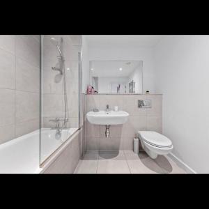 巴塞爾頓的住宿－Charming 1 Bedroom Flat in Essex TH620，一间带水槽、卫生间和淋浴的浴室