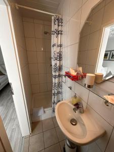 a bathroom with a sink and a shower at Hotel Deutscher Hof in Schleswig