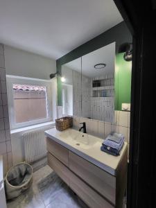 La salle de bains est pourvue d'un lavabo et d'un miroir. dans l'établissement Superbe 100 M2, 4 chambres, à Sainte-Foy-lès-Lyon
