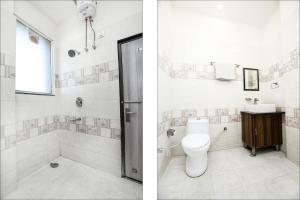 2 fotografias de uma casa de banho com um WC e um chuveiro em Hotel Woodcrest Zirakpur Chandigarh- Best Family Hotel em Chandīgarh