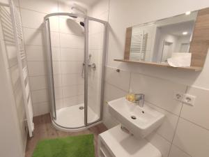 baño blanco con ducha y lavamanos en Design-Studio am Salerhof, en Bad Wurzach