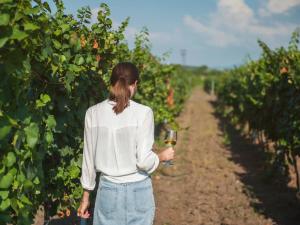 una mujer sosteniendo una copa de vino en un viñedo en Sanders Arsorama, en Arsos