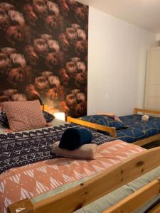 sypialnia z 2 łóżkami i ścianą z malowidłem w obiekcie Maison chaleureuse avec son bain enchanté ! w mieście Mesnil-Saint-Père