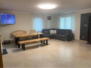 uma sala de estar com um sofá e uma mesa em Apartament pod lipką em Lutowiska