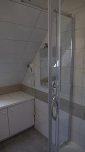 eine Dusche mit Glastür im Bad in der Unterkunft Szewczenki 3 in Olsztyn