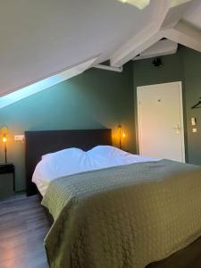 a bedroom with a bed in a green wall at Heerlijke strandvilla met sauna in Westerhaar-Vriezenveensewijk