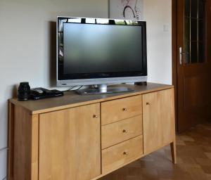 un televisor sentado en la parte superior de un tocador de madera en Haus Redtenbacher, en Windischgarsten