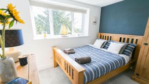 een slaapkamer met een bed met blauwe muren en een raam bij Anchor Cottage in Cemaes Bay