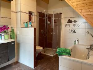 een badkamer met een douche, een toilet en een wastafel bij Ferienhaus Krakow am See in Krakow am See