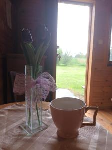a vase of flowers and a cup on a table at Lolini bungalov in Novi Sad
