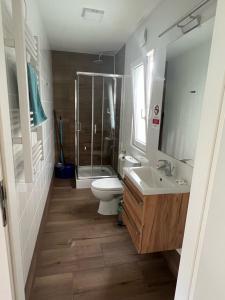 uma casa de banho com um WC, um lavatório e um chuveiro em Apartamenty na Camp4U z basenem i sauną w Siechnicach koło Wrocławia em Siechnice