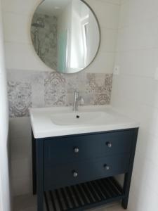 bagno con lavandino e specchio di Gîte Ty Loguellou a Locmélar