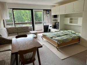 a living room with a bed and a couch at Ruhige Ferienwohnung in Schönwald in Schönwald