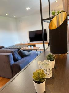 uma sala de estar com dois vasos de plantas sobre uma mesa em Apartment Bacci em Vrhnika