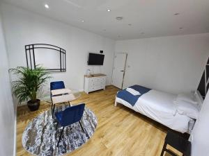 cosy 1-Bed Apartment in London Alexandra Palace في لندن: غرفة نوم بسرير وكرسي وتلفزيون