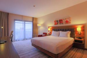 a hotel room with a large bed and a window at Hilton Garden Inn Eskisehir in Eskisehir