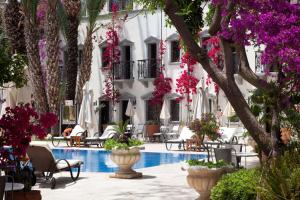 博德魯姆的住宿－DoubleTree by Hilton Bodrum Marina Vista，一个带粉红色花卉的庭院和一个游泳池