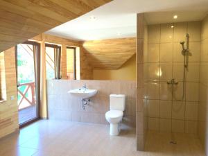 uma casa de banho com um WC, um chuveiro e um lavatório. em Guest house Vilciņi em Bernāti