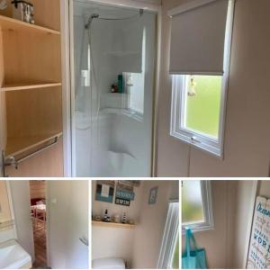 2 fotos de un baño con ducha y una ventana en Mobil home Confortable et Lumineux 50 min de Paris, en Mirgaudon