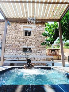 einen Hund in einem Pool mit einer Pergola in der Unterkunft Agios Ioannis Stone Cottage with Private Heated Pool & Hydro-massage in Áyios Ioánnis