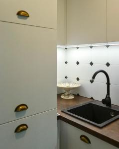 a kitchen with a sink and a counter top at Petite City Centre Apartment in Šiauliai