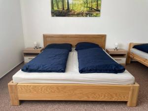 drewniane łóżko z 2 niebieskimi poduszkami w obiekcie Chata Vápenná w Jesioniku