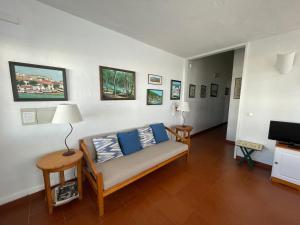 een woonkamer met een bank en een televisie bij SA PUNTA GRAN A2 by SOM Menorca in Fornells