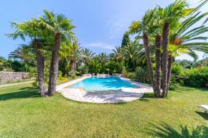 a swimming pool in a yard with palm trees at Villa Atalanti in Gouvia