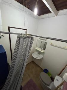 y baño con cortina de ducha y aseo. en Le Duplex de Sainte Thérèse en Cayenne