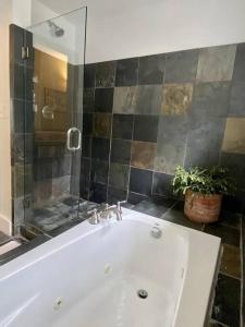 een badkamer met een wit bad en een potplant bij White Mountain Retreat in Thornton