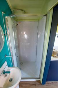 a shower with a glass door next to a sink at The Gambo Shepherd's Hut in Kidwelly