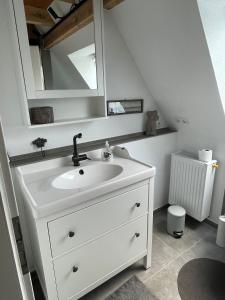 a bathroom with a white sink and a mirror at Fehrsland1 in Dollerup