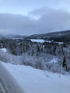 a snow covered hill with trees and a road at Mysig fjällägenhet med ski in och ski out, 4 rum + kök in Åre +10 photos