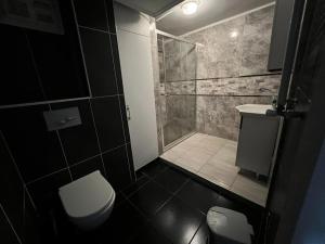 a bathroom with a shower and a toilet and a sink at Taksim Beyoğlu Talimhane apart in Istanbul