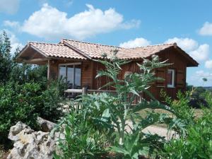 une cabane en rondins avec un jardin en face de celle-ci dans l'établissement Domaine des Cadets de Gascogne, à Pauilhac