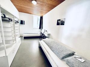 a bedroom with two beds in a room at Monteurzimmer ZIMMERzuVERMIETEN in Balsthal Solothurn in Balsthal