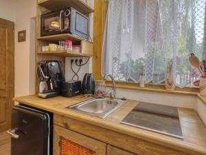 um balcão de cozinha com um lavatório e uma janela em Nyírfa-Lak Apartman em Szilvásvárad