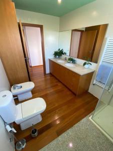 W łazience znajduje się toaleta, umywalka i prysznic. w obiekcie Casa do Pinheiro w mieście Fiães