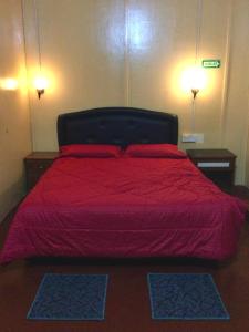 a bedroom with a red bed with two pillows at D view hill hotel in Kuala Tahan