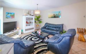 ein Wohnzimmer mit blauen Ledersofas und einem TV in der Unterkunft 3 Bedroom Beautiful Home In Montlimar in Montélimar