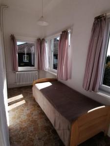 een slaapkamer met een bed en 2 ramen bij Pension Sonnenhof in Braunlage