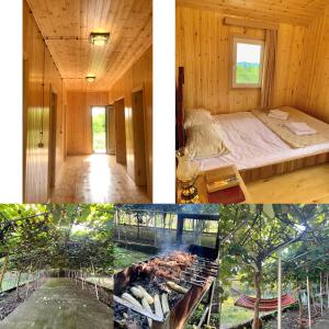 eine Collage mit Fotos mit einem Schlafzimmer und einem Bett in der Unterkunft Hotel Okatsia სასტუმრო ოკაცია in Gordi